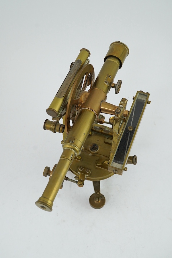 A late 19th century Casella & Co., London, brass theodolite, numbered 7906, engraved with ‘fitted with Reeves’s patent tangent micrometer’, 31cm high. Condition - fair to good